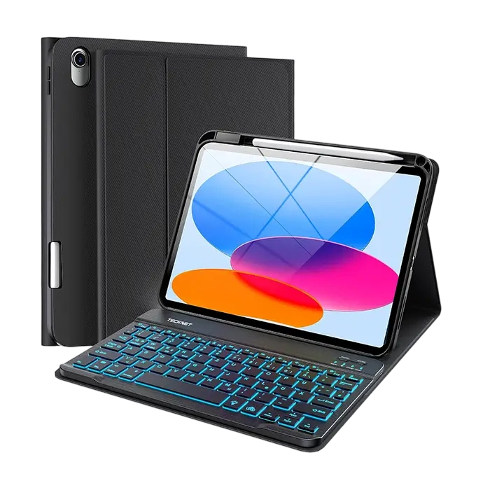 Black tablet case with built-in keyboard and kickstand, shown with a tablet inserted and a second closed view of the case behind it on a white background.