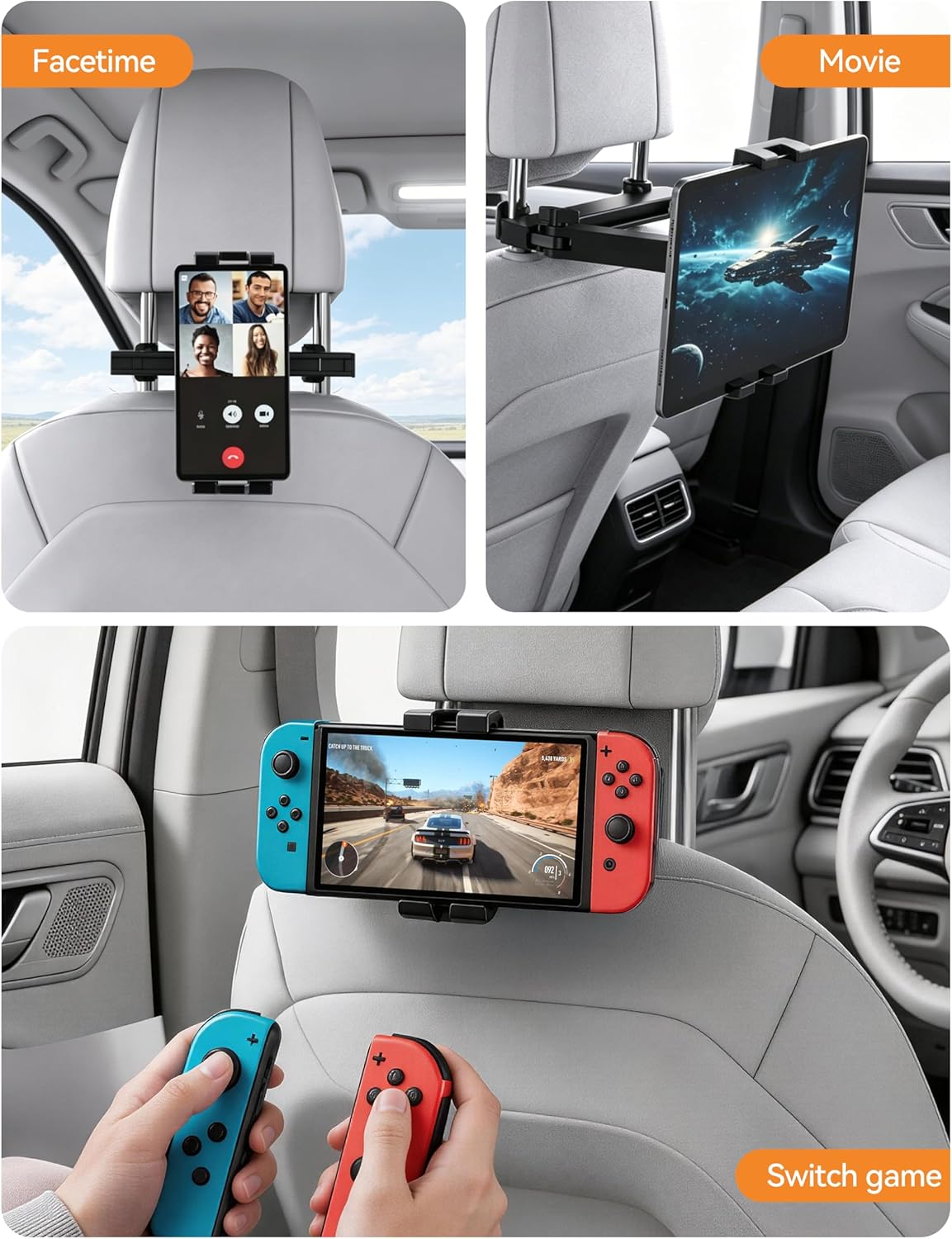 TECKNET Car Headrest Tablet Holder, 3-in-1 Arm with 360° Swivel, Back Seat Mount for 4.7-12.9" iPad/Switch/iPhone, Road Trip Essentials for Kids
