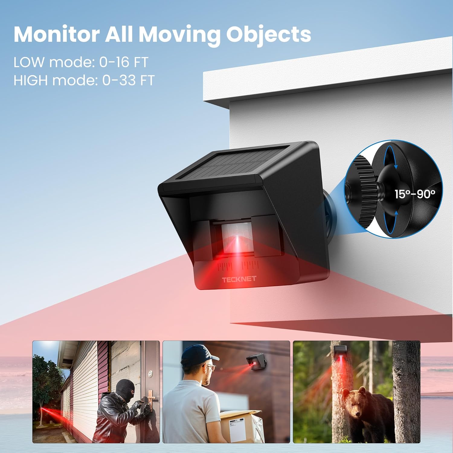 TECKNET Solar Wireless Driveway Alarm with 2600FT Long Range & 36 Melodies & 5 Volumes and Supports 4 Zones Weatherproof Motion Sensor Alarm to Protect Inside/Outside Property (1 Receiver 1 Sensor)