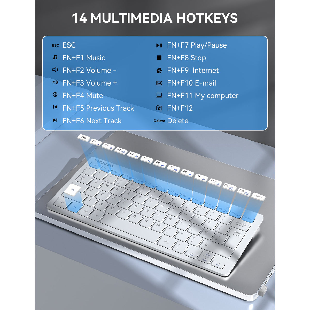 TECKNET BASICS 2.4G Wireless Keyboard, Ultra Slim Compact Computer Keyboard with Media Hotkeys, Silent Small USB Keyboard for Laptop PC Desktop Smart TV Notebook Chromebook-Silver