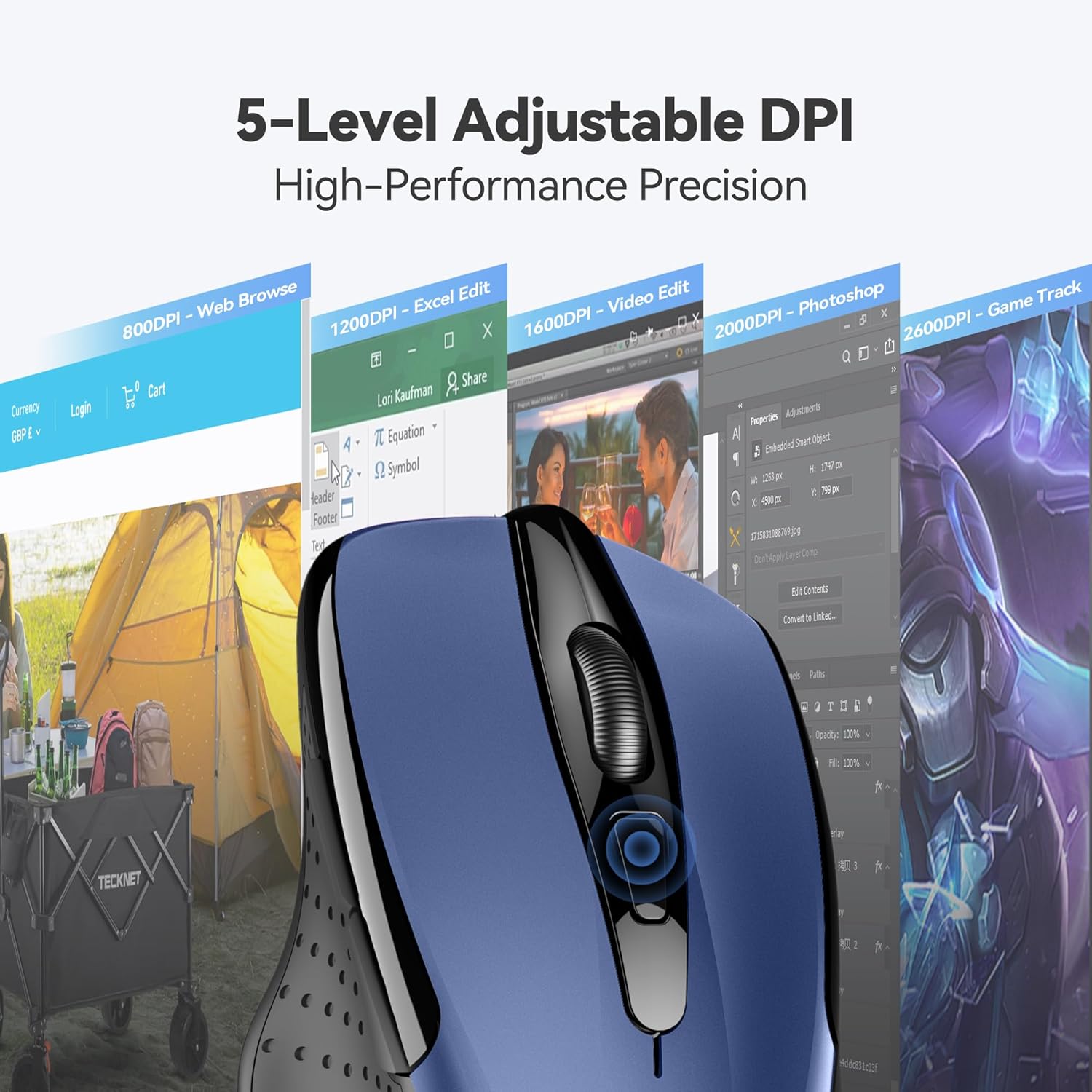 TECKNET BASICS Wireless Mouse,2.4GHz with USB Receiver,Computer Mouse for Laptop,PC,Computer,Chromebook,Notebook,2600 DPI,5 Adjustment Levels