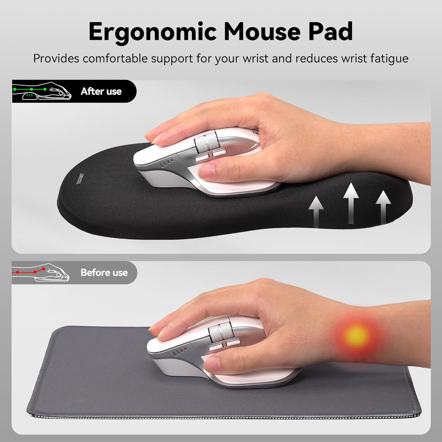 TECKNET BASICS Ergonomic Mouse Pad with Wrist Rest, Memory Foam Support, Smooth Non-Slip Base for Laptop/PC, Pain Relief for Home Office Gaming, Black