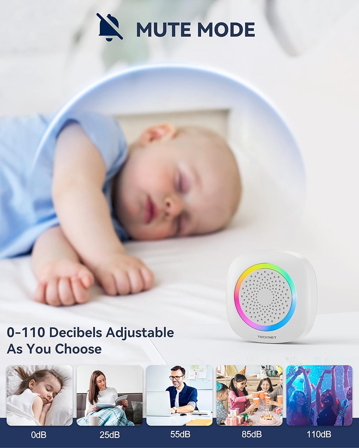TECKNET Longest 1300 Feet Wireless Doorbell with RGB Alarm Lighting,Battery-Powered IP66 Waterproof Design,60+Chimes & 5-Level Volume for Home/Apartment,4.5-Year Battery Life,White,FCC ID:YI6RL-33TX