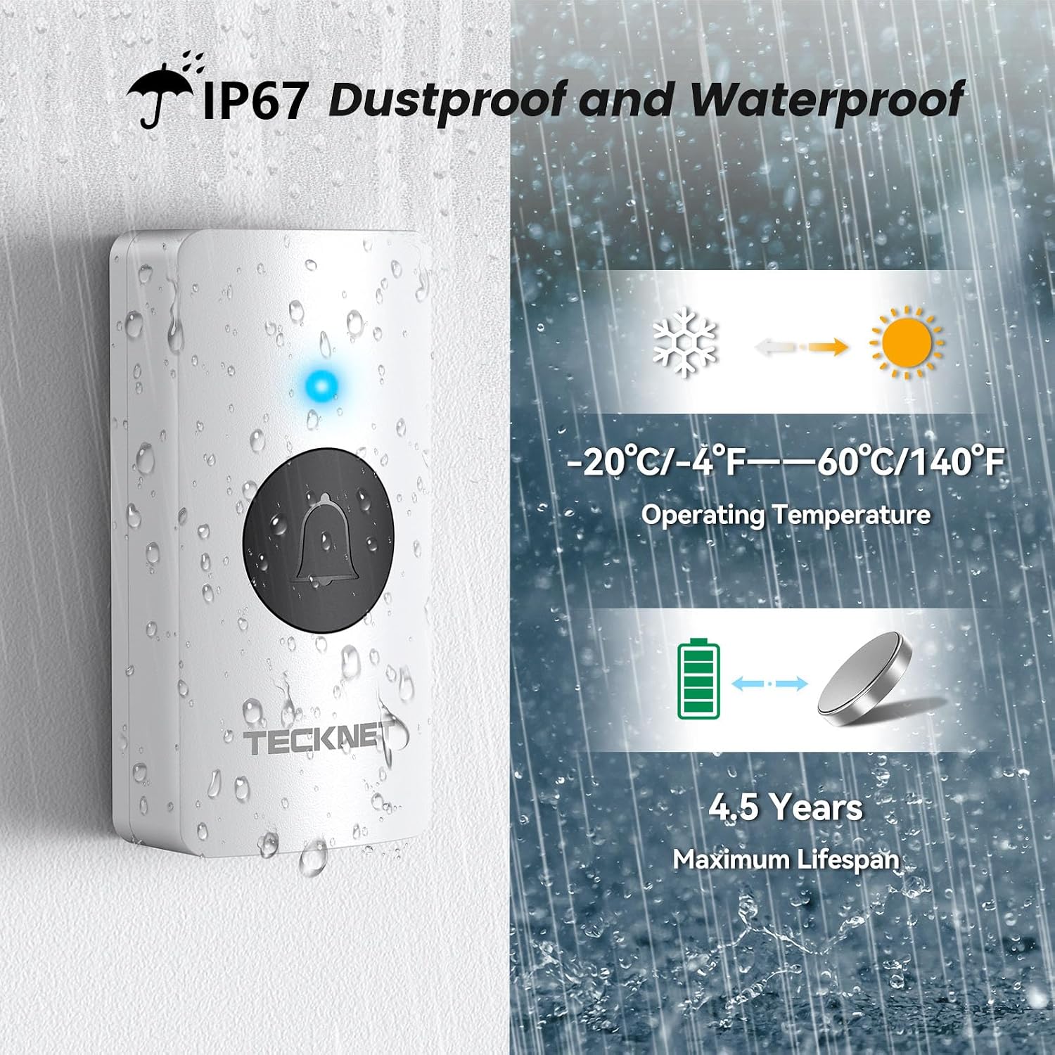TECKNET Wireless Doorbell 1312FT, IP67 Waterproof Classroom Doorbell Battery-Powered Door Bell, 60 Chimes 5-Level Volume, 4.5-year Battery Life, Electric Doorbells No Plug-in Required for Home