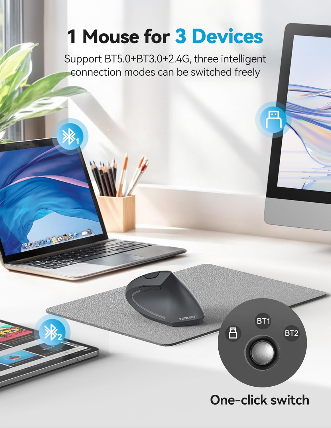 TECKNET Ergonomic Mouse with Jiggler, Bluetooth Wireless Vertical Mouse, 4800DPI Rechargeable Carpal Tunnel Mouse, Undetectable Random Movement Keeps Computers Awake for PC, Laptop, Mackbook