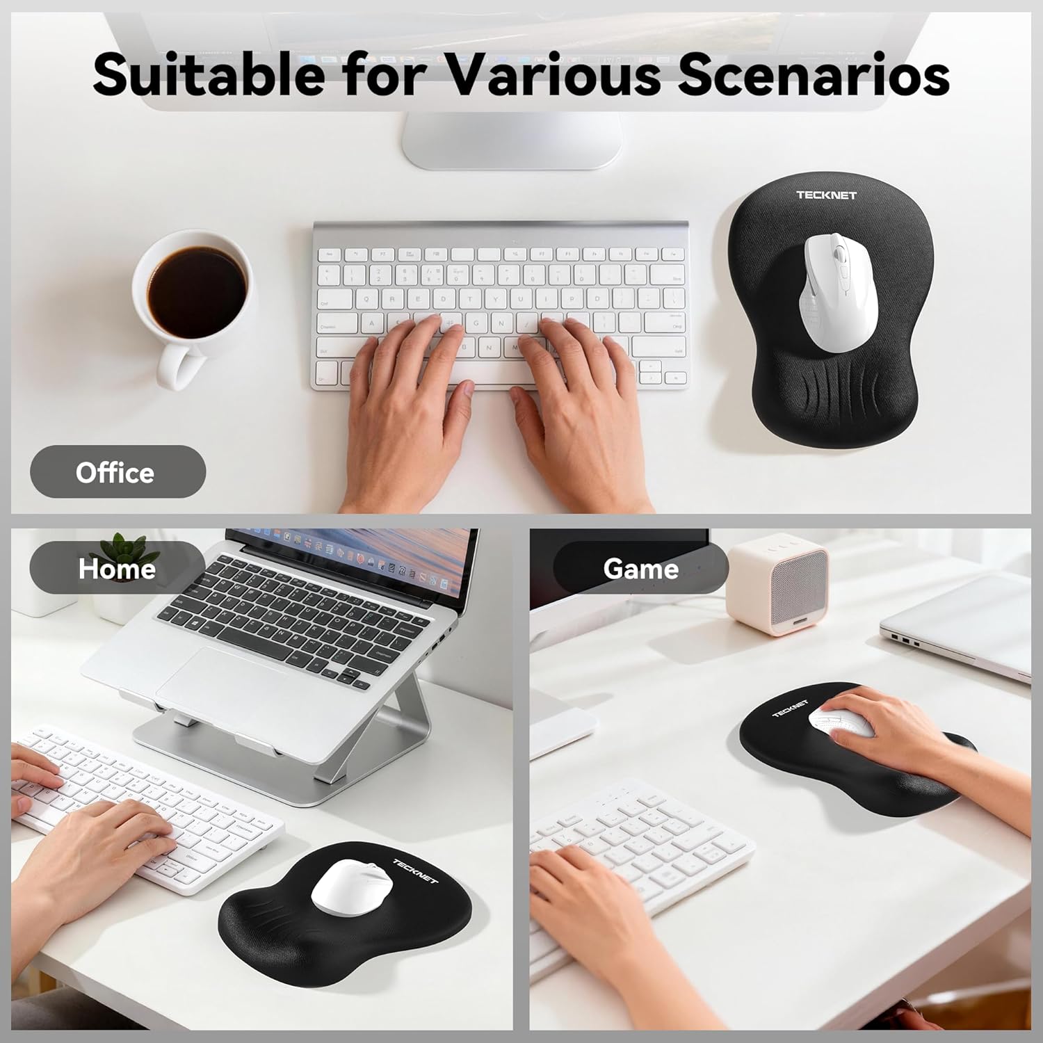 TECKNET BASICS Ergonomic Mouse Pad with Wrist Rest, Memory Foam Support, Smooth Non-Slip Base for Laptop/PC, Pain Relief for Home Office Gaming, Black