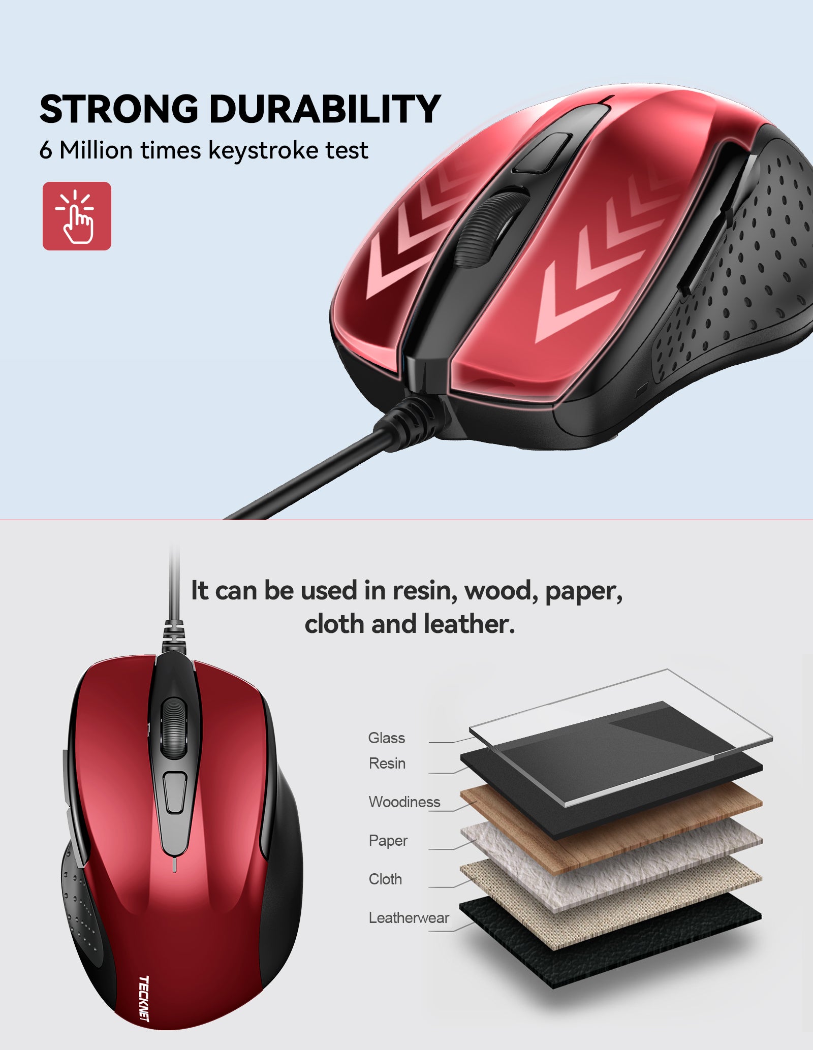 TECKNET Wired Mouse, 6-Button Corded with 4 Adjustable DPI, Optical Ergonomic Design, 11FT Cord for Laptop, Chromebook, PC, Desktop, Mac, Notebook - Red