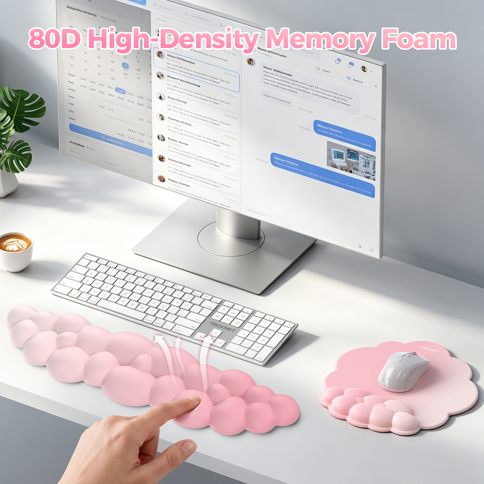 TECKNET BASICS Cloud Ergonomic Mouse Pad with Wrist Rest, Memory Foam Support & Non-Slip Base for Pain Relief, Office & Gaming, Pink