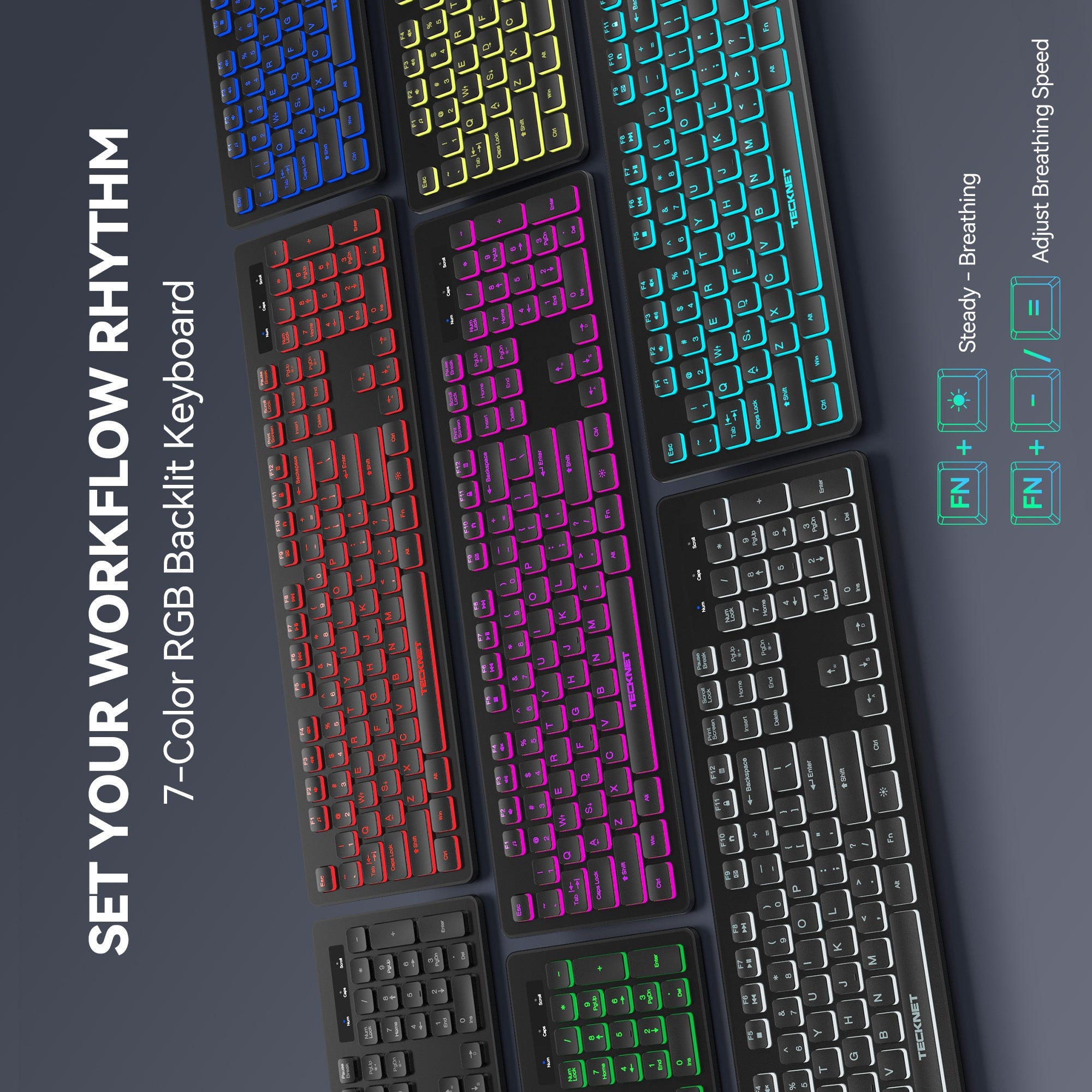 TECKNET Wired Keyboard,Silent USB Keyboard for Office,Spill-Resistant,Slim Full-Size Membrane Layout,Plug and Play for PC/Laptop/Mac-RGB Backlit