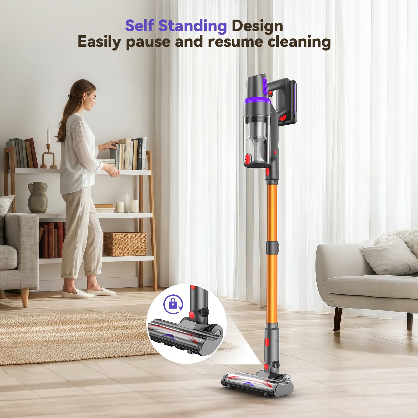 TEIMA Lightweight Cordless Vacuum Cleaner, 500W 45Kpa Self-Standing, 60 Min Runtime with LED Display for Home, Pet Hair