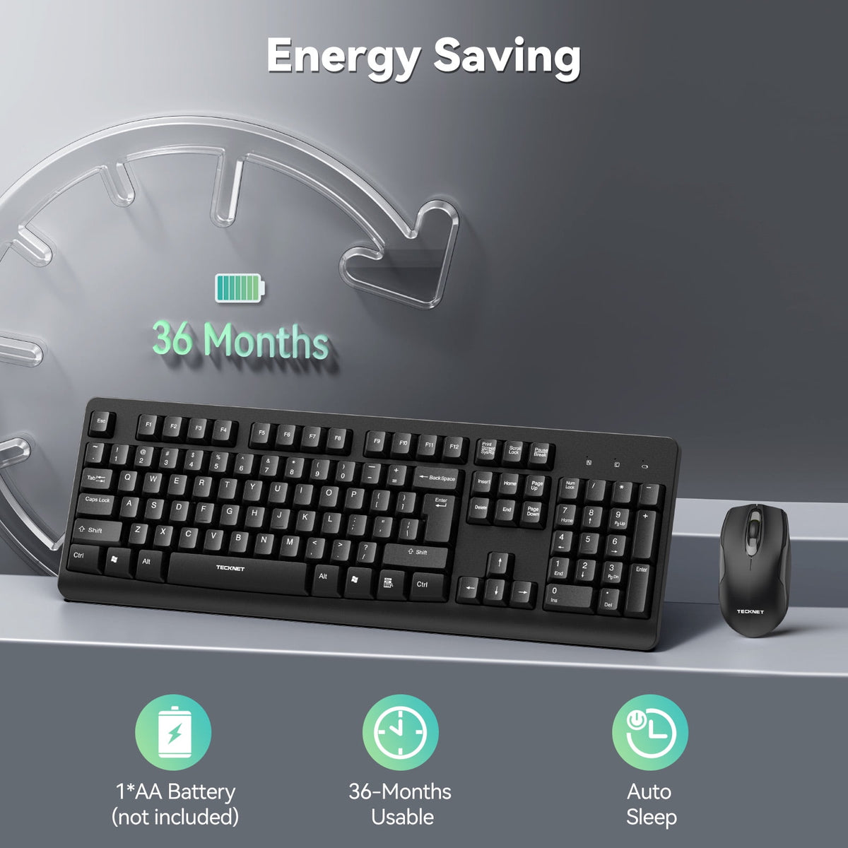 TECKNET BASICS Wireless Keyboard & Mouse Combo, Full-Size Ergonomic, Low-Noise Typing & Clicking, Long Battery Life, Spill-Resistant, 2.4G Lag-Free USB for PC/Laptop/Computer