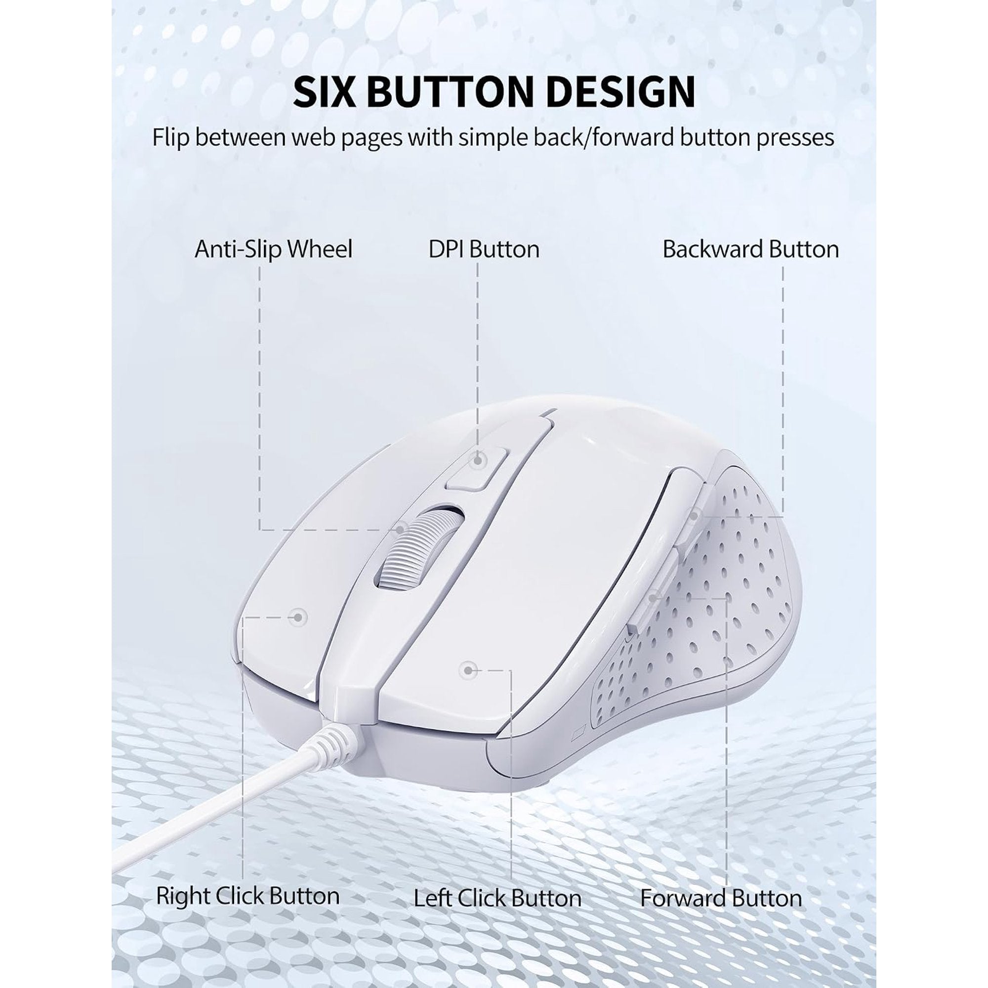 TECKNET Wired Mouse, 6-Button Corded with 4 Adjustable DPI, Optical Ergonomic Design, 8FT Cord for Laptop, Chromebook, PC, Desktop, Mac, Notebook - White
