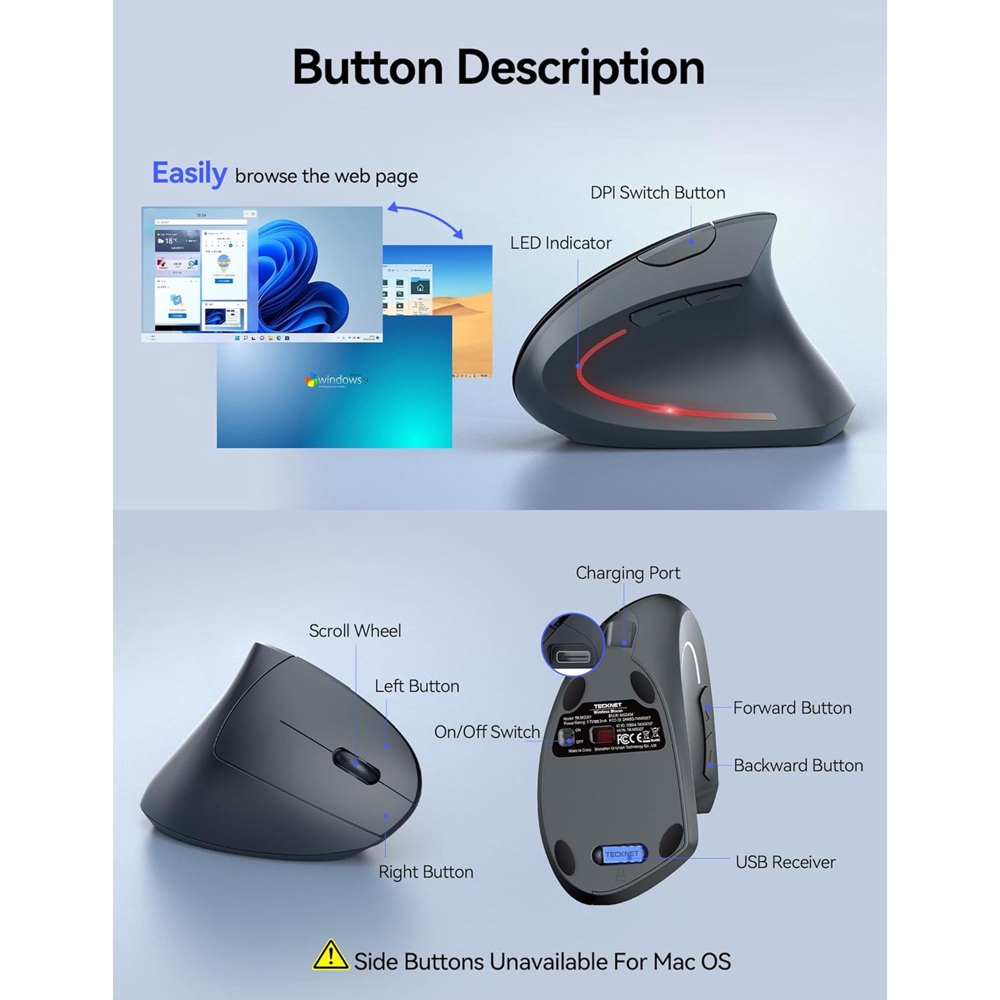 Rechargeable Wireless Ergonomic Mouse,2.4GHz USB Vertical Mouse with Silent Click,4800 DPI Mouse with 6 Adjustable DPI,6-Button Computer Mouse for Laptop,PC, MacBook (No Batteries Needed)
