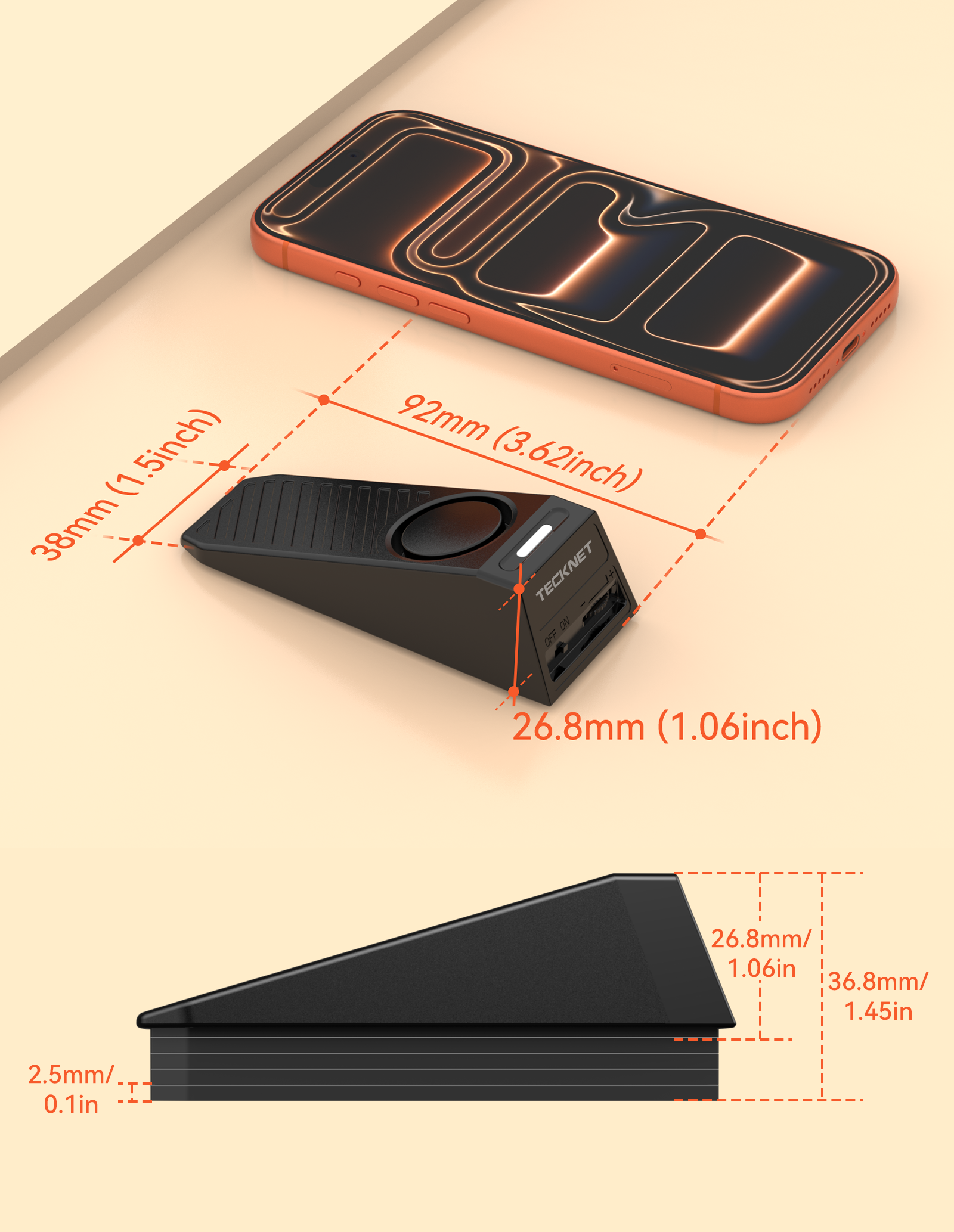 TECKNET Door Stop Alarm, Door Stopper with 130dB Security Alarm, Rechargeable Door Wedge Stop Siren with Non-Slip Silicone Base Suitable for Door Bottom, Portable Anti-Theft for Home/Hotel/Apartment Visit the TECKNET Store