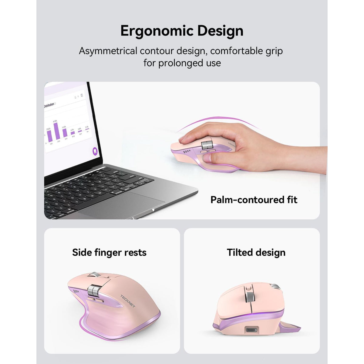 TECKNET Wireless Mouse, Bluetooth Mouse (BT5.3/5.0 & 2.4G) Rechargeable Ergonomic Optical Mouse with 6 Adjustable DPI, Side Scroll, Quiet Clicks, USB A Receiver, 7 Buttons, Wide Compatibility - Pink