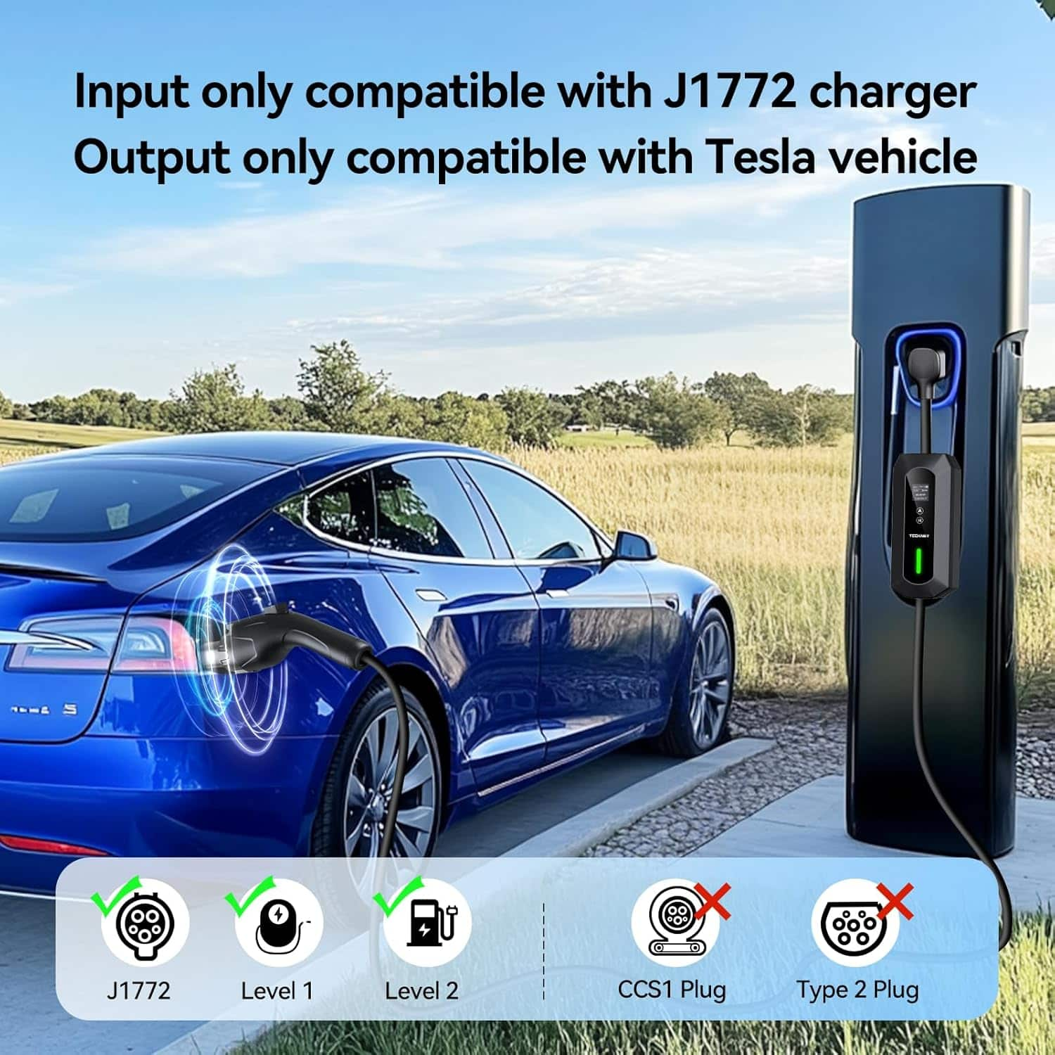 TECKNET J1772 to Tesla Charger Adapter, Max 80A 240V AC Fast Charging