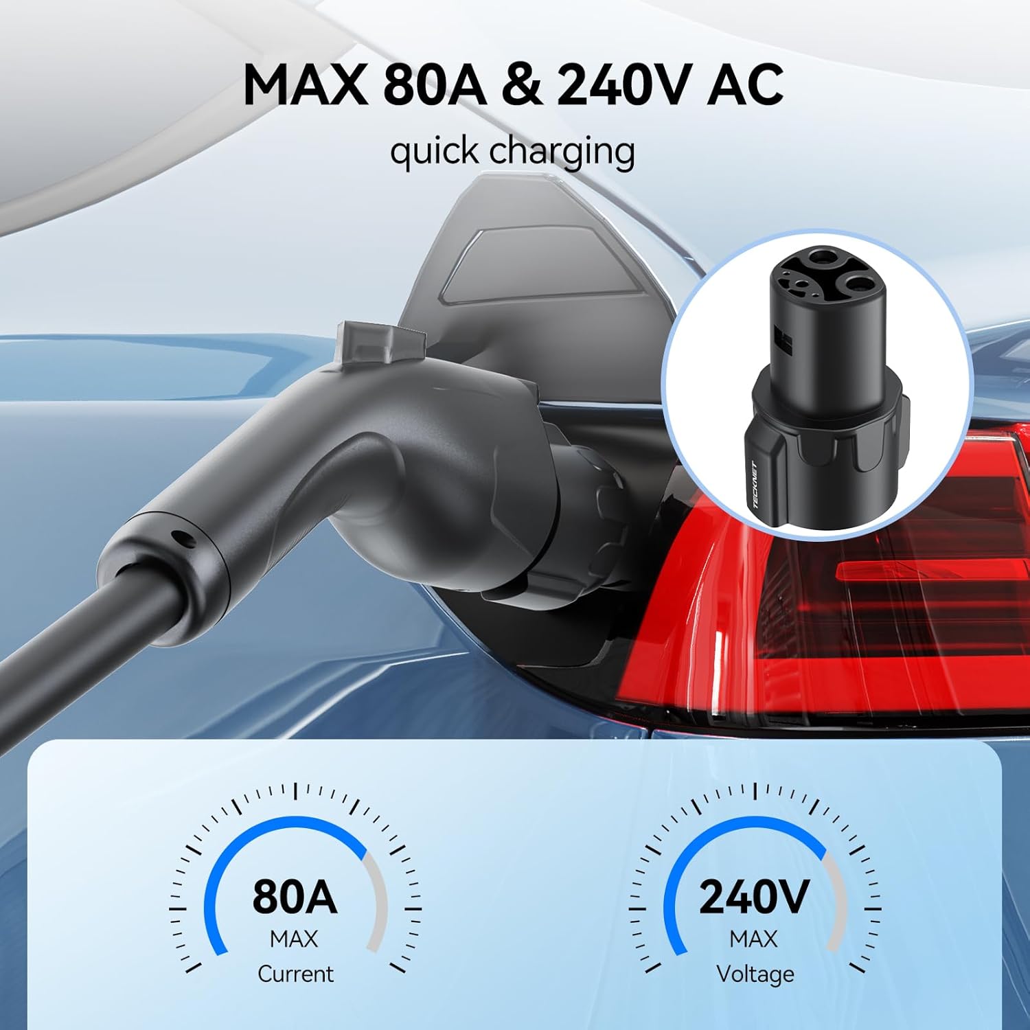 TECKNET J1772 to Tesla Charger Adapter, Max 80A 240V AC Fast Charging