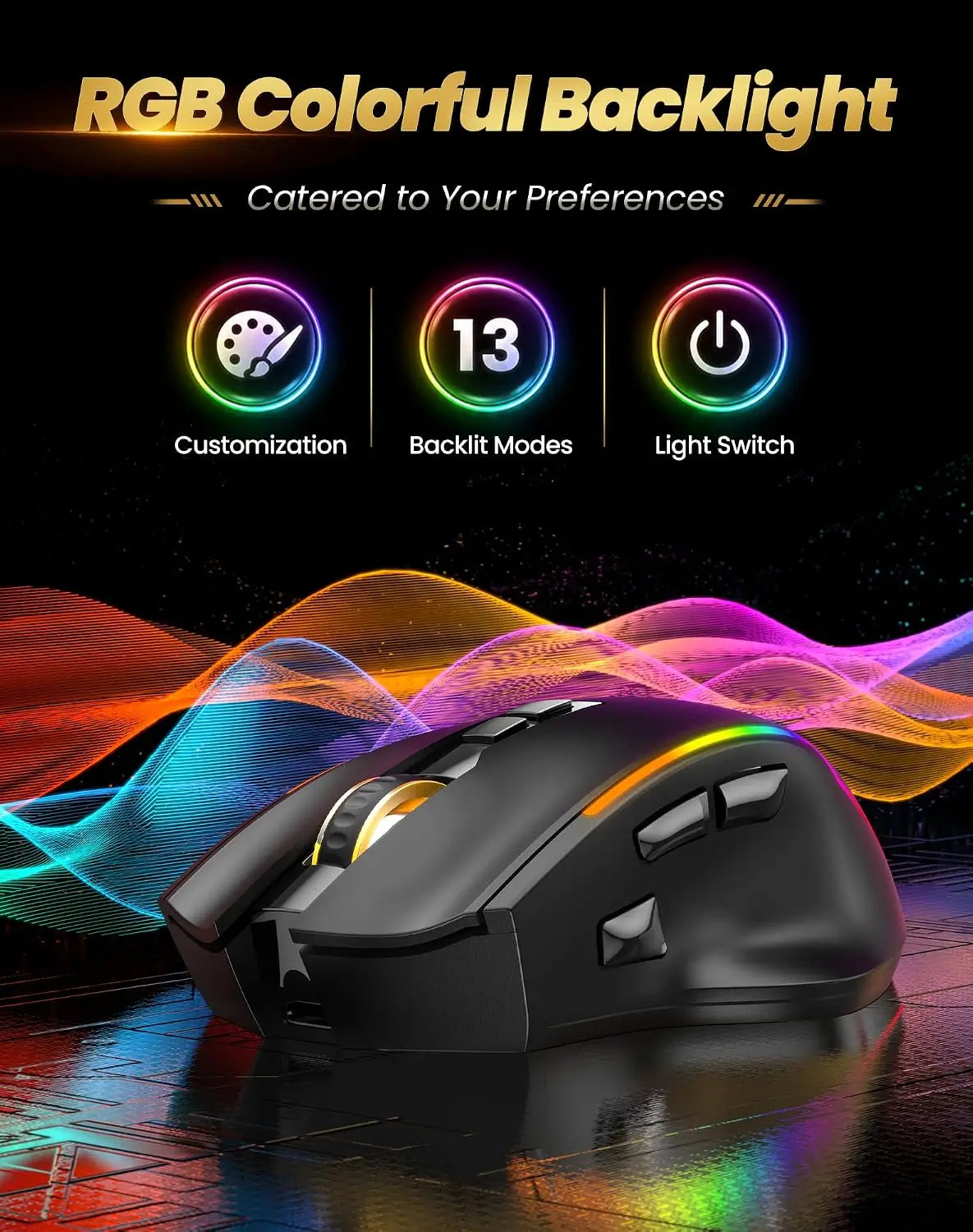 TECKNET Wireless Gaming Mouse,2.4GHz/USB-C, 1000Hz, 7 Custom Buttons 13 RGB