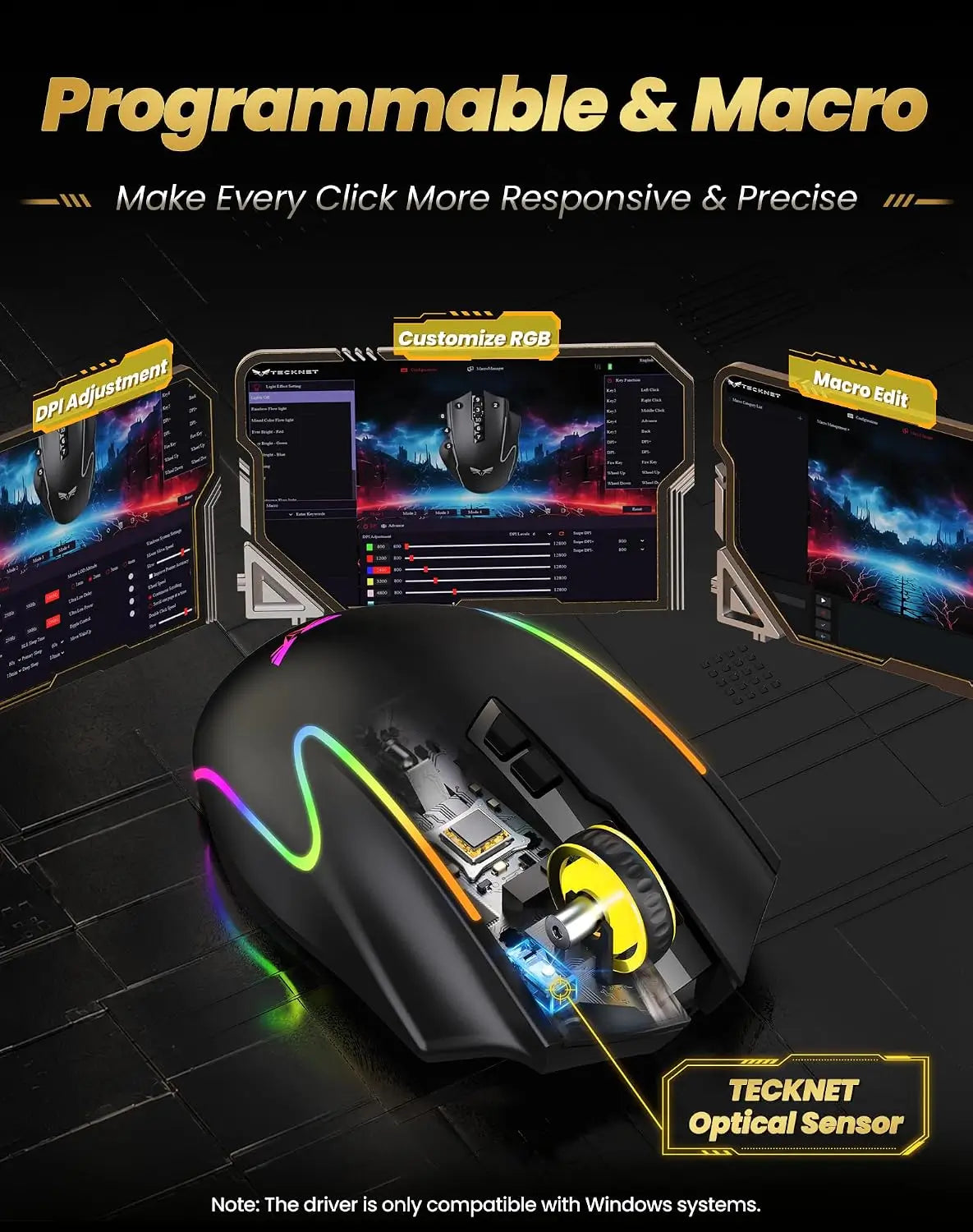 TECKNET Wireless Gaming Mouse,2.4GHz/USB-C, 1000Hz, 7 Custom Buttons 13 RGB
