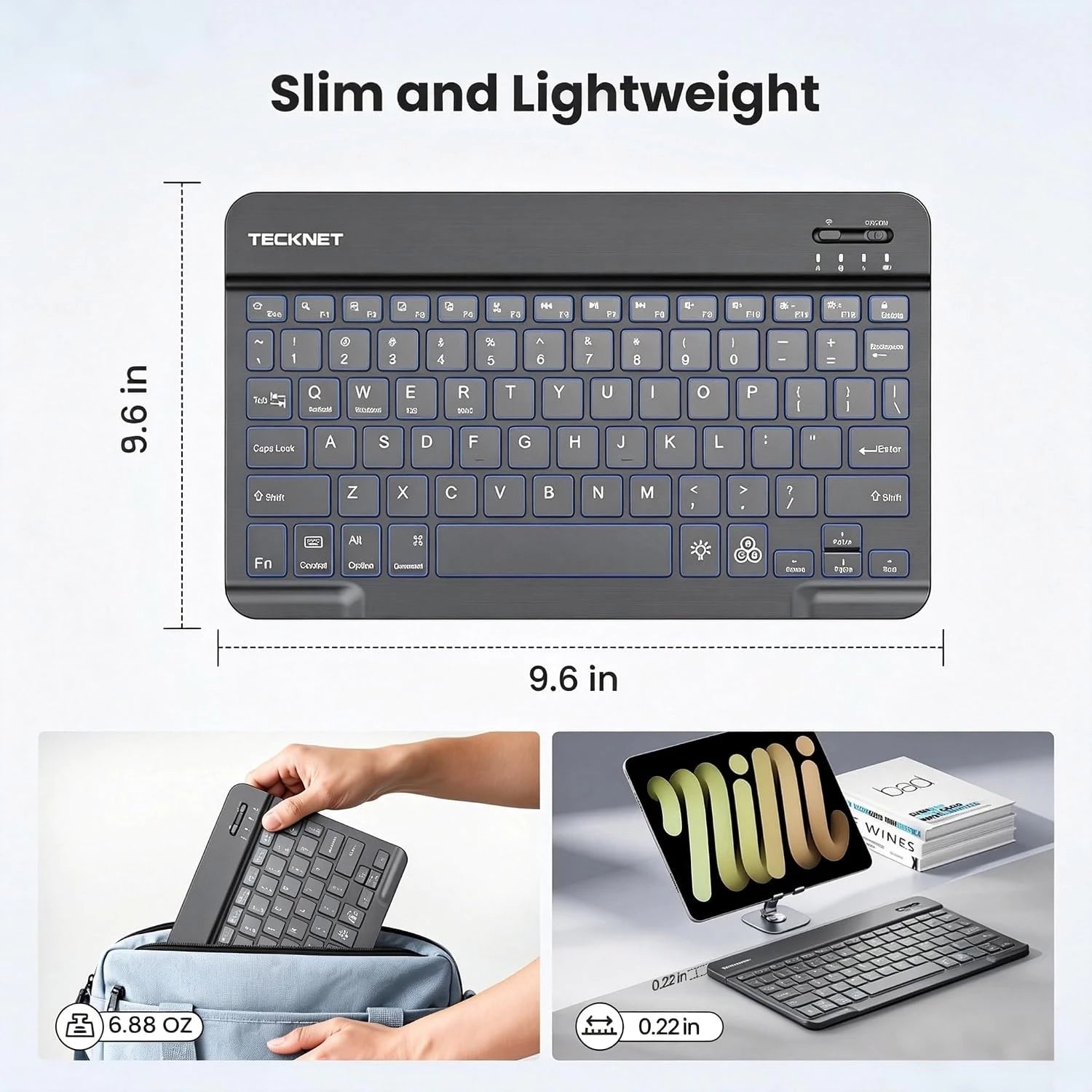 TECKNET Bluetooth Keyboard, Backlit Slim Quiet, Rechargeable for iPad A16 KB043