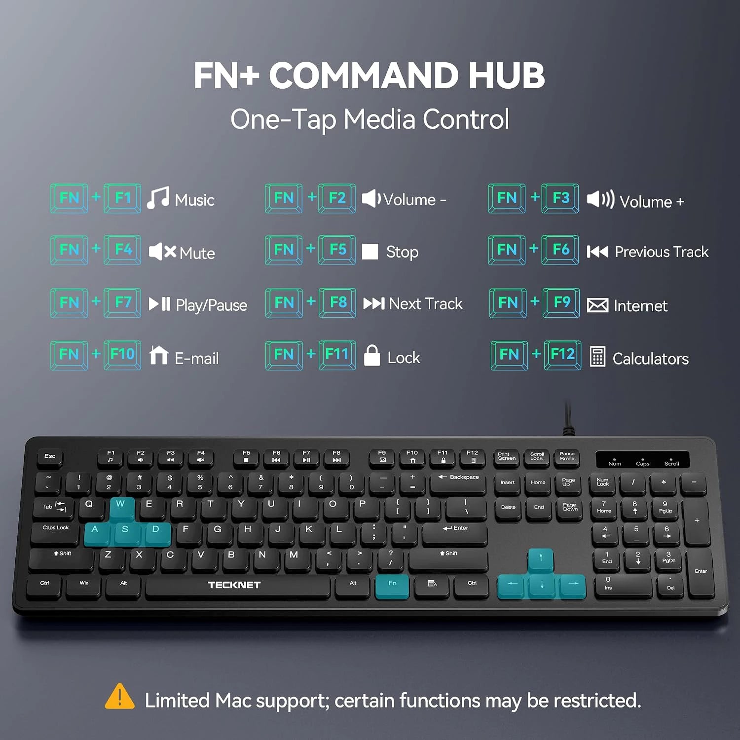 TECKNET KB036 wired office keyboard FN command hub infographic, 12 FN+F multimedia shortcut keys for one‑tap volume media email calculator access, partial function limitation under Mac OS