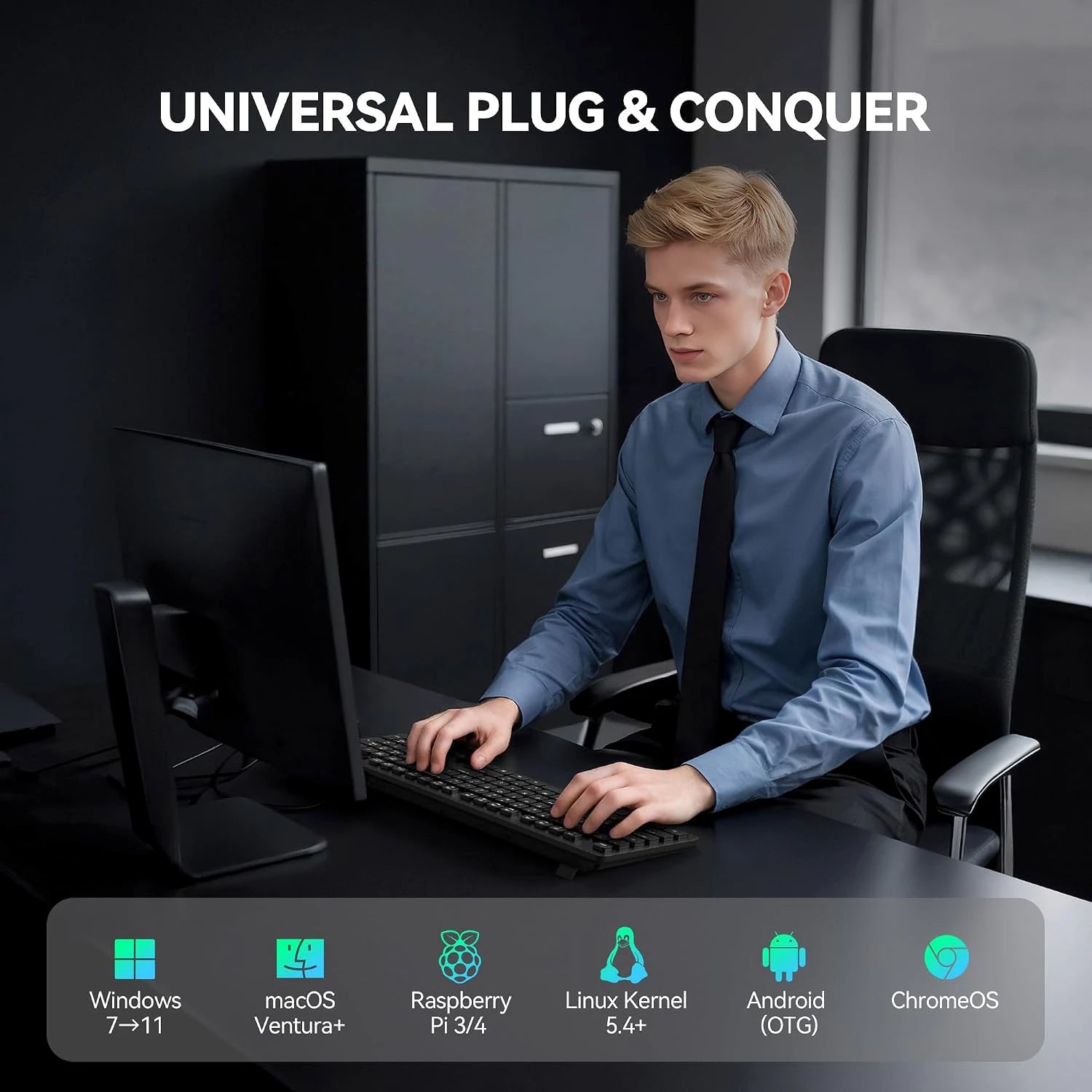 TECKNET KB036 wired office keyboard plug‑and‑play office usage scene, wide compatibility with Windows macOS Raspberry Pi Linux Android ChromeOS, no driver required for desktop office setup