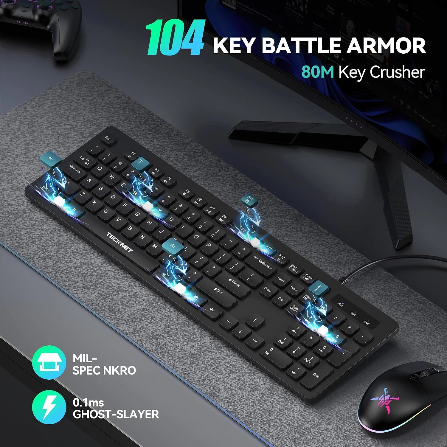 TECKNET KB036 104‑key full‑size wired keyboard performance graphic, rated for 80‑million keystrokes, NKRO anti‑ghosting 0.1ms responsive input for office and daily desktop use