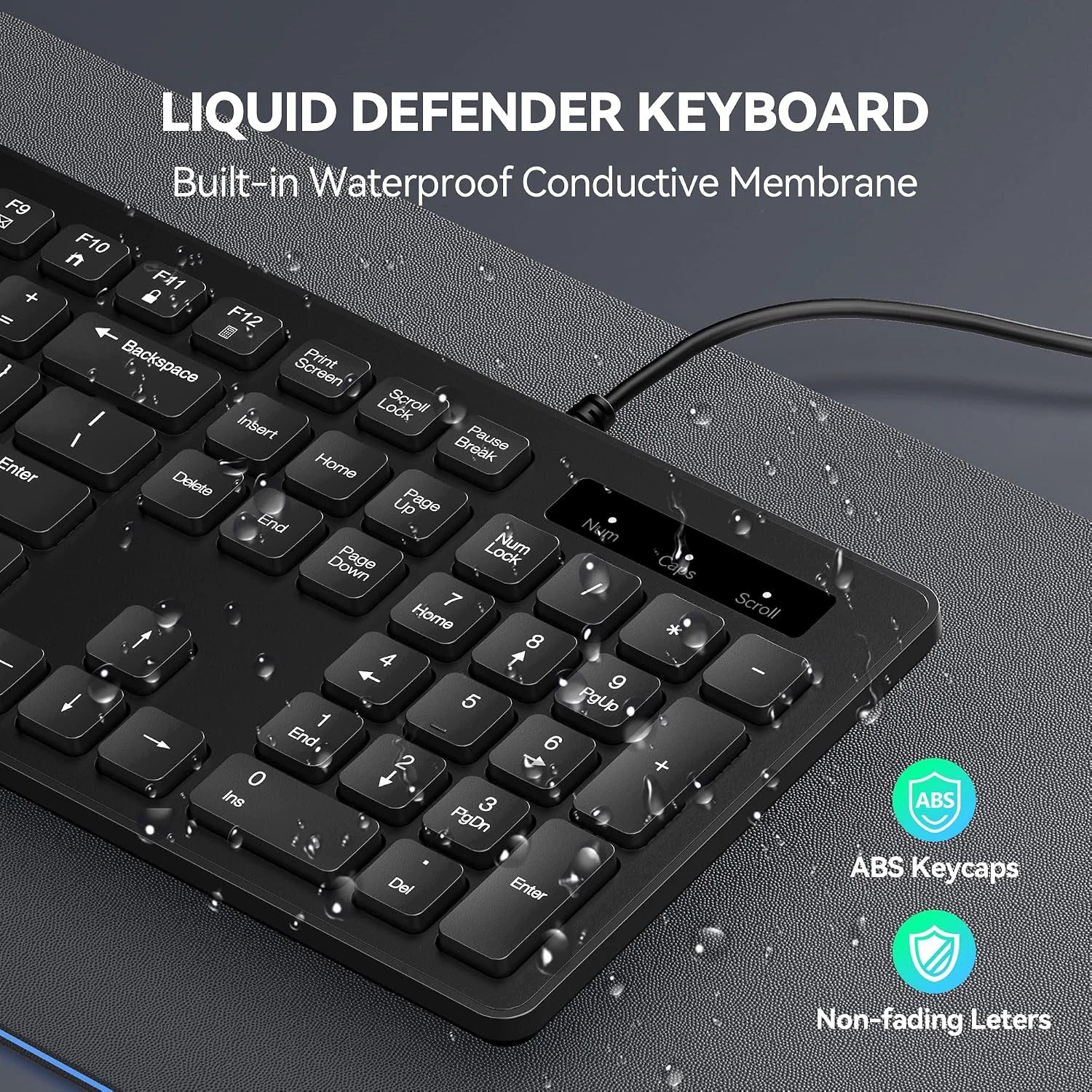 TECKNET KB036 wired office keyboard spill‑resistant demonstration, built‑in waterproof conductive membrane, durable ABS keycaps with non‑fading letters against accidental liquid splashes