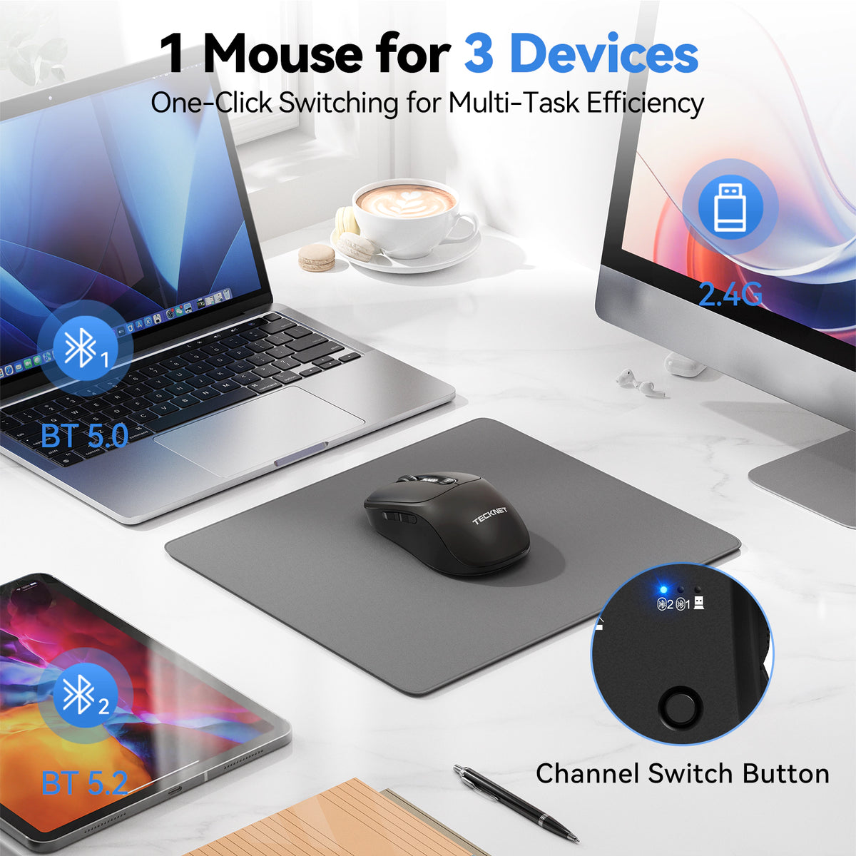 TECKNET Tri-Mode Rechargeable Bluetooth Mouse with LED Display for Laptop