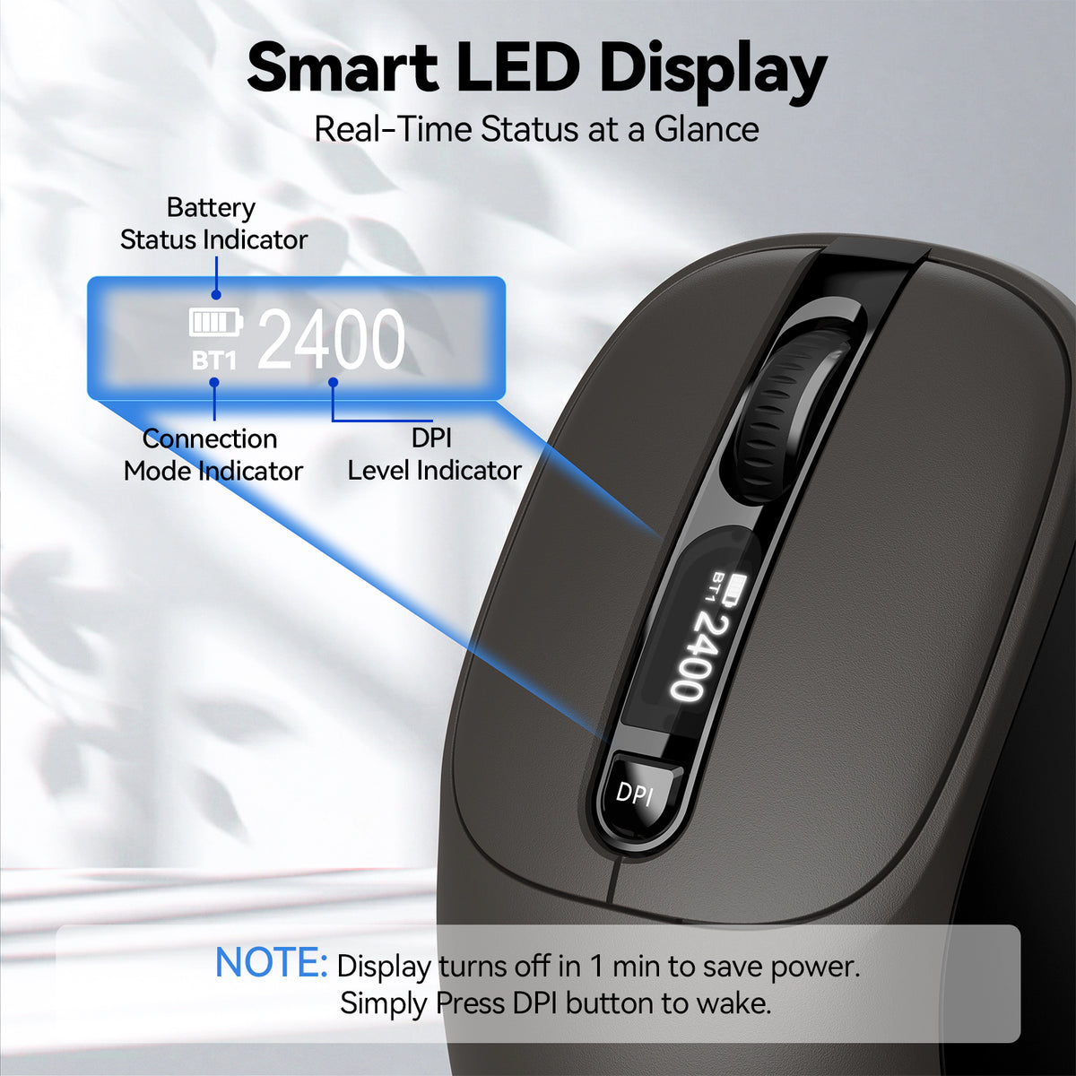 TECKNET Tri-Mode Rechargeable Bluetooth Mouse with LED Display for Laptop