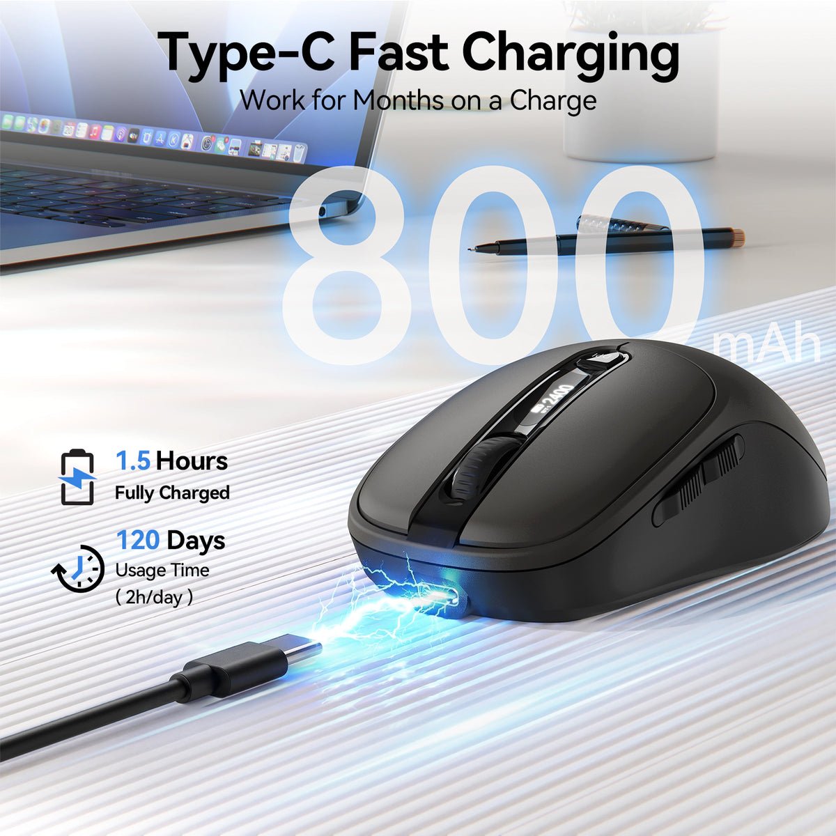 TECKNET Tri-Mode Rechargeable Bluetooth Mouse with LED Display for Laptop