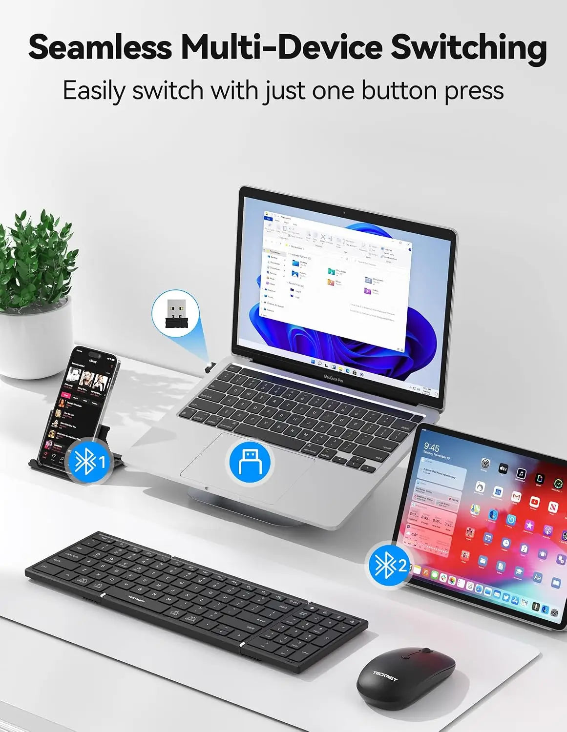 TECKNET Foldable Bluetooth Keyboard and Mouse Combo
