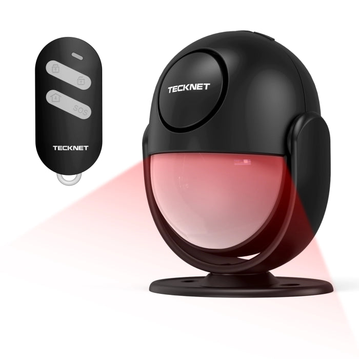 A black TeckNet red light device with a matching remote control, shown on a white background with a red light beam projection graphic.