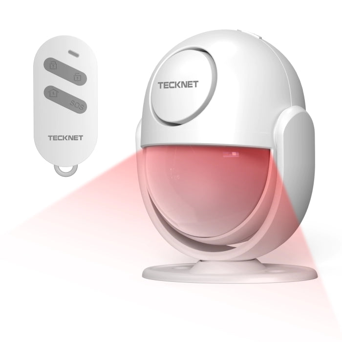 Tecknet security system with a white sensor and remote control on a white background