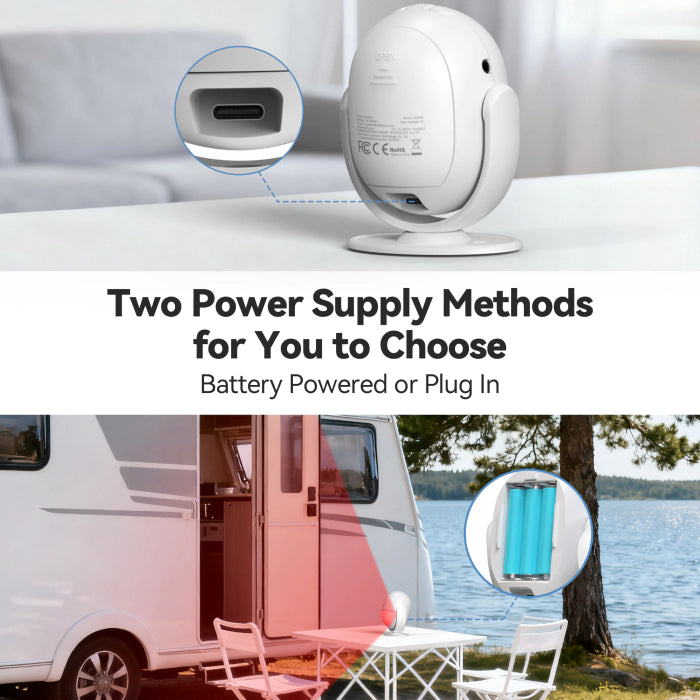 Product with power supply options shown on a scenic background