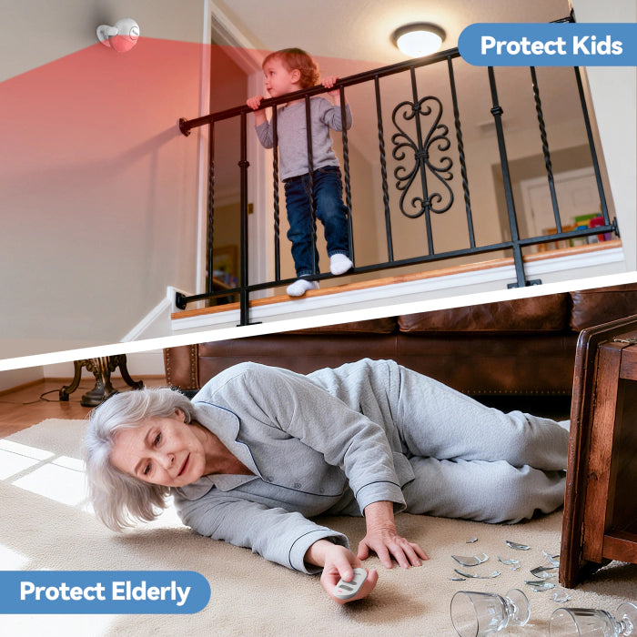 Child using a safety gate at a staircase and an elderly person lying on the floor with broken glass, emphasizing safety products.