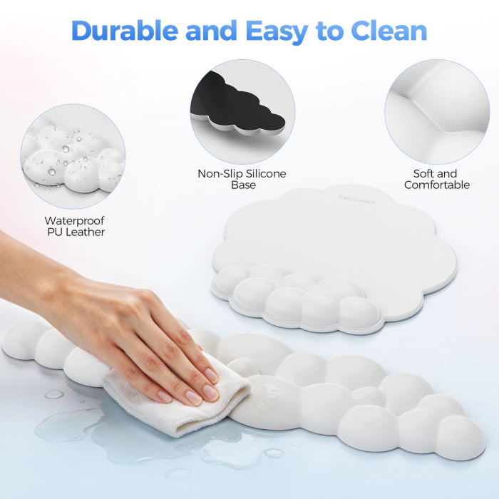 TECKNET Cloud Mouse Pad with Wrist Rest MGM01142, Waterproof PU‑Leather non‑slip silicone base durable easy‑to‑clean keyboard mouse wrist rest set