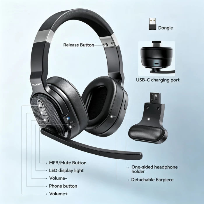 Black and silver over-ear gaming headset with an adjustable boom microphone, shown with callout labels for features and inset images of a dongle and USB-C charging port on a light blue gradient background.