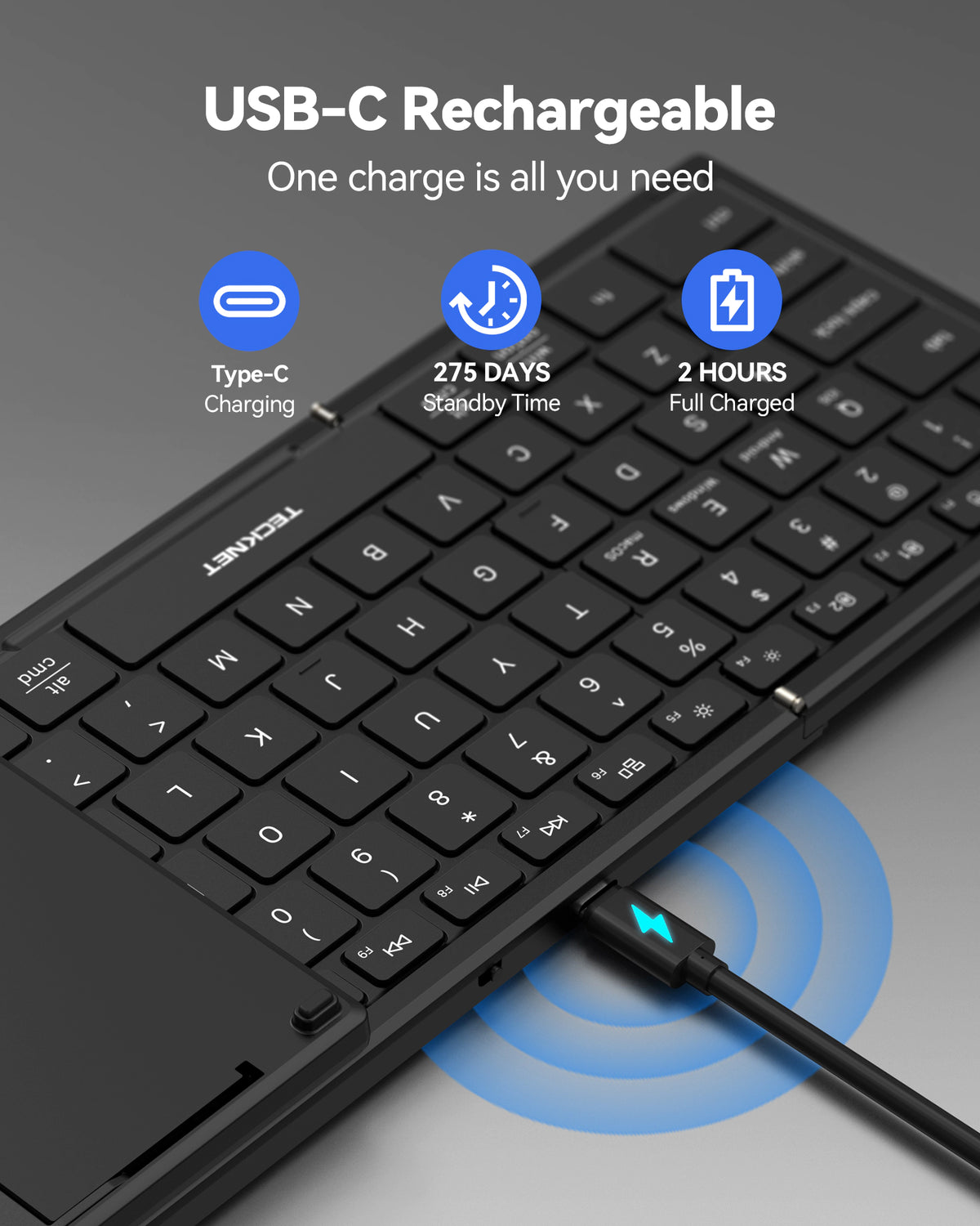 TECKNET Foldable Bluetooth Keyboard and Mouse Combo, Rechargeable Wireless Travel Set for Win/Mac/iOS/Android