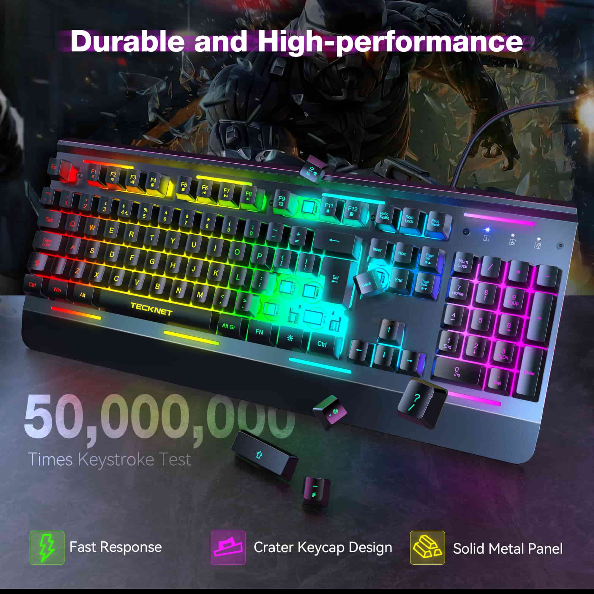 TECKNET RGB Gaming Keyboard with 105 Keys, All-Metal Panel