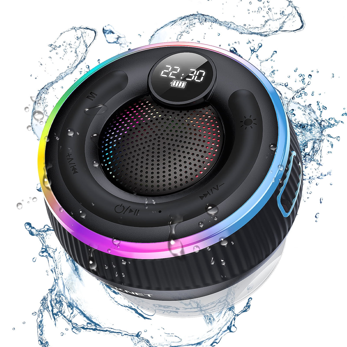 TECKNET BASICS Wireless Shower Speaker, IPX7 Waterproof Portable with RGB Light, 10H Playtime, Built-in Mic & Suction Cup for Bath Beach - Black
