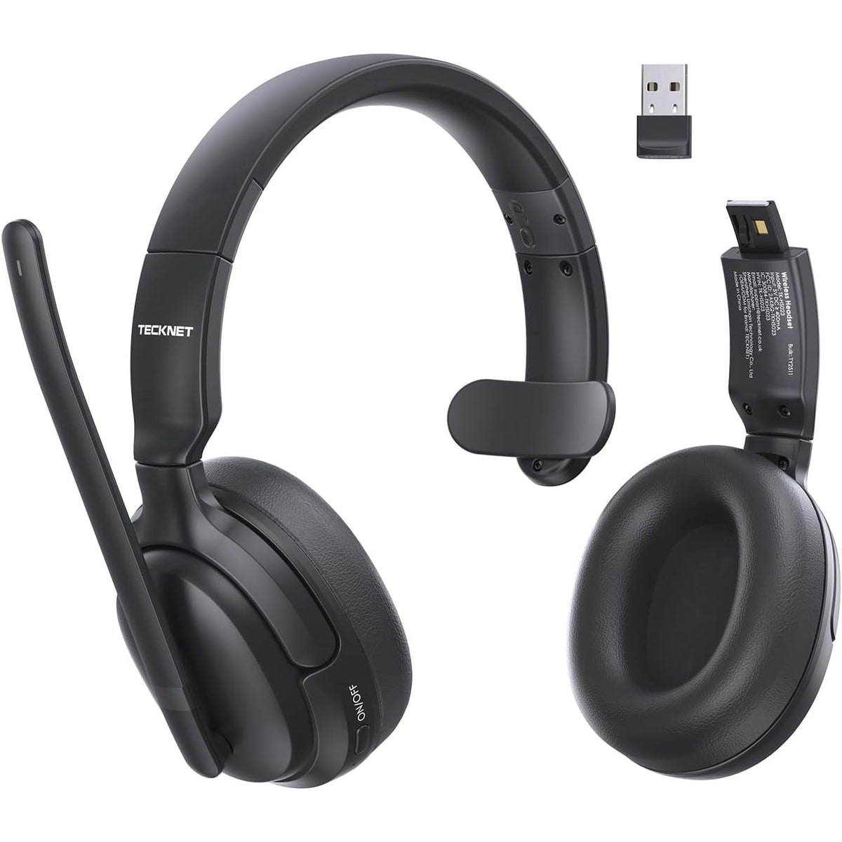 TECKNET Wireless Noise Cancelling Headphones, 5.4 Bluetooth Headphones Over Ear, Mono/Stereo 2-in-1, 65H Playtime, Wireless Headset with Microphone for Home Trucker Office Call Center, Black