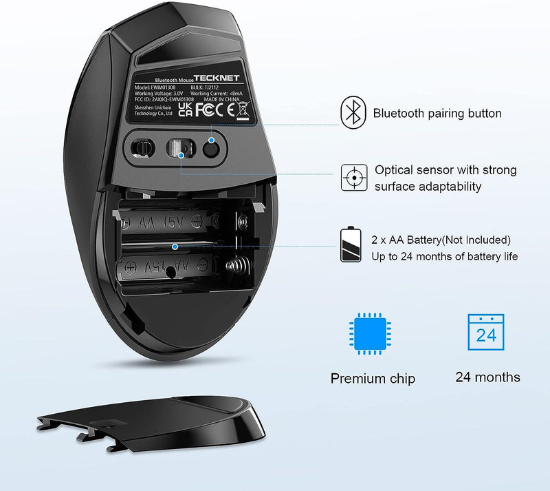 TECKNET Souris Bluetooth sans Fil,Wireless Mouse,6 Niveaux de DPI  Ajustables, 3200 DPI, 6 Boutons Bluetooth Mouse pour Windows