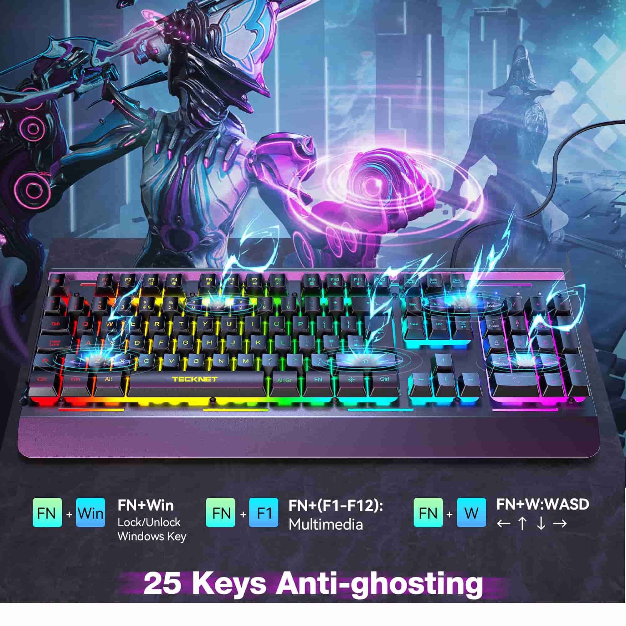 Tecknet Keybored Keys TECKNET RGB Gaming Keyboard with 105 Keys, All-Metal Panel