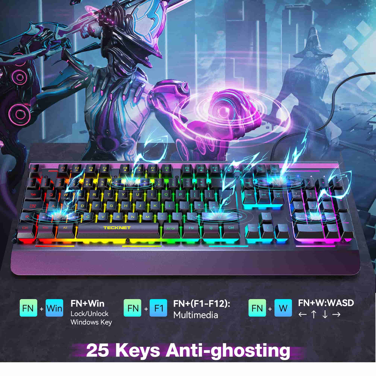 Tecknet Keyboard Function Keys TECKNET RGB Gaming Keyboard with 105 Keys, All-Metal Panel