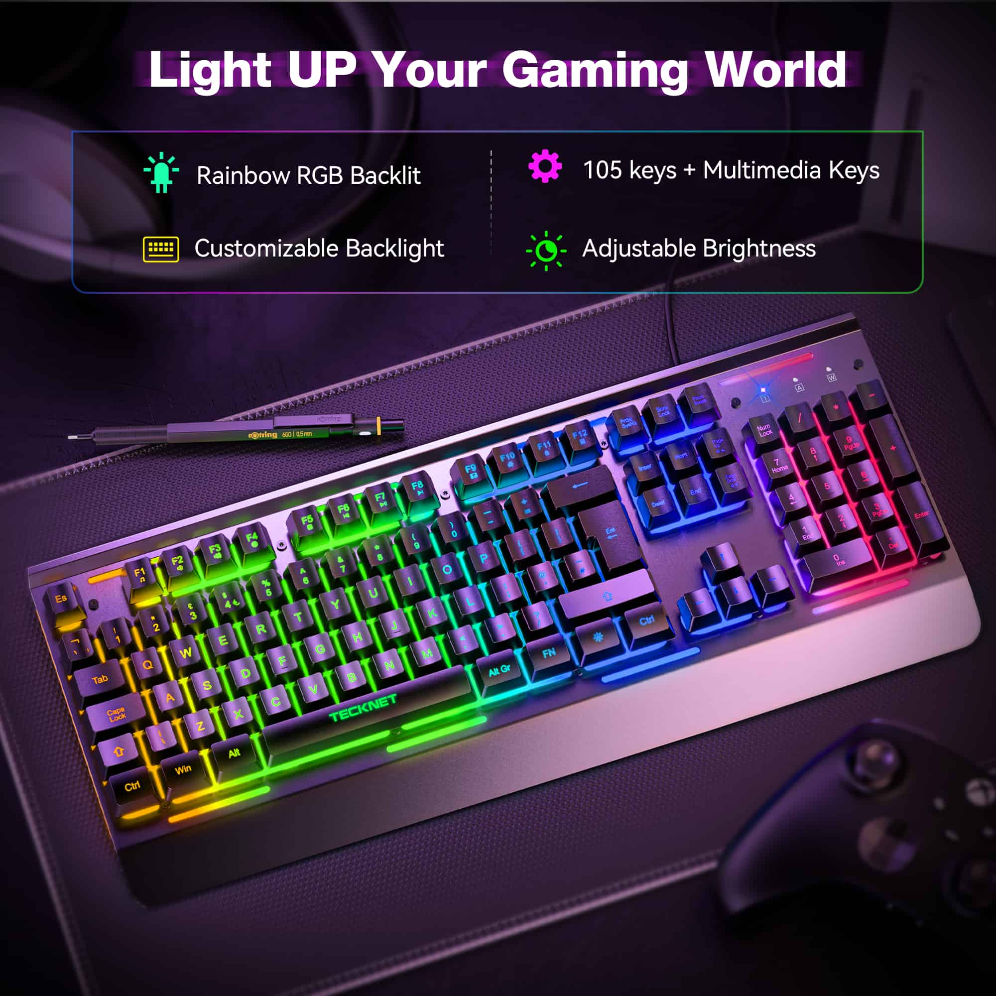 TECKNET RGB Gaming Keyboard with 105 Keys, All-Metal Panel