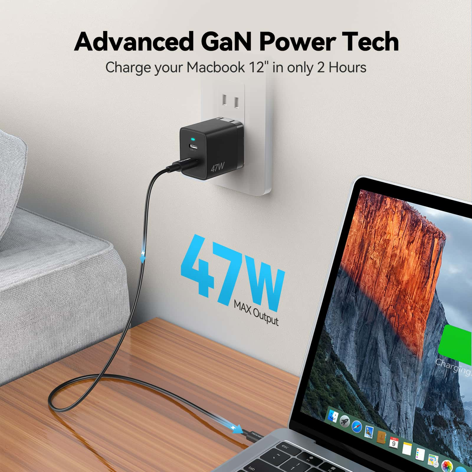 TECKNET USB C Charger 47W,  Dual Ports Foldable GaN Wall Charger