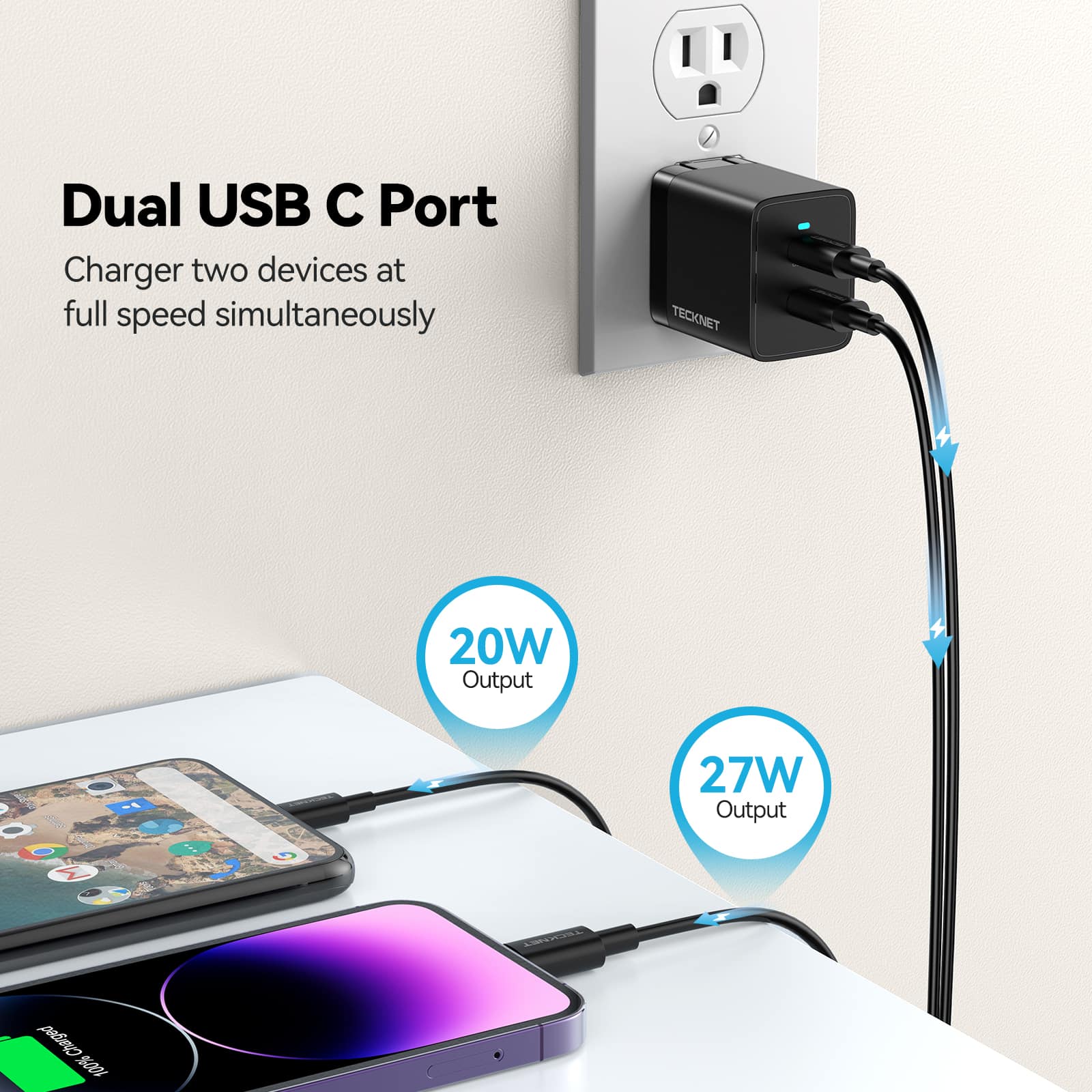 TECKNET USB C Charger 47W,  Dual Ports Foldable GaN Wall Charger