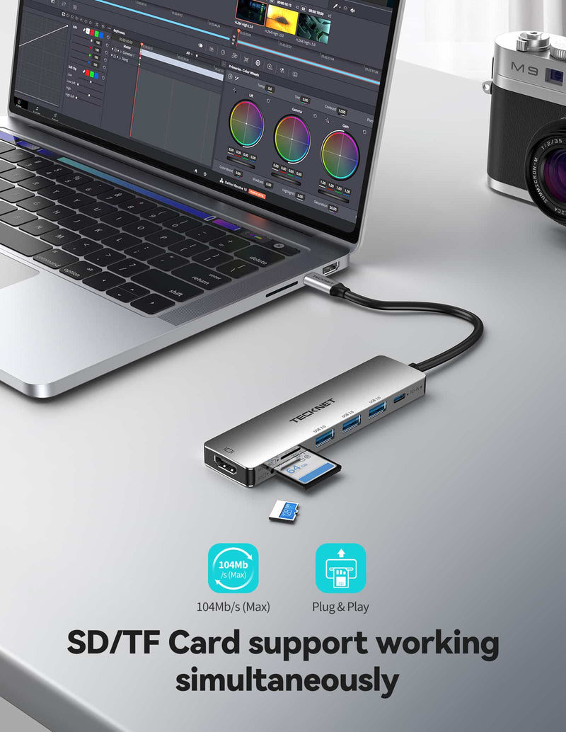 TECKNET USB C Hub, 7 in 1 USB C Docking Station with 4K HDMI, 100W PD, 3 USB 3.0 5 Gbps Data Ports, Micro SD/SD Card Reader