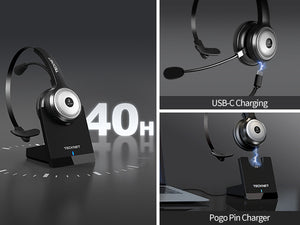 TECKNET Wireless Mono Headset W/ Pogo Charging Dock
